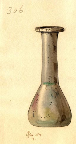 306, long necked, funnel shaped glass bottle, with lipped top
